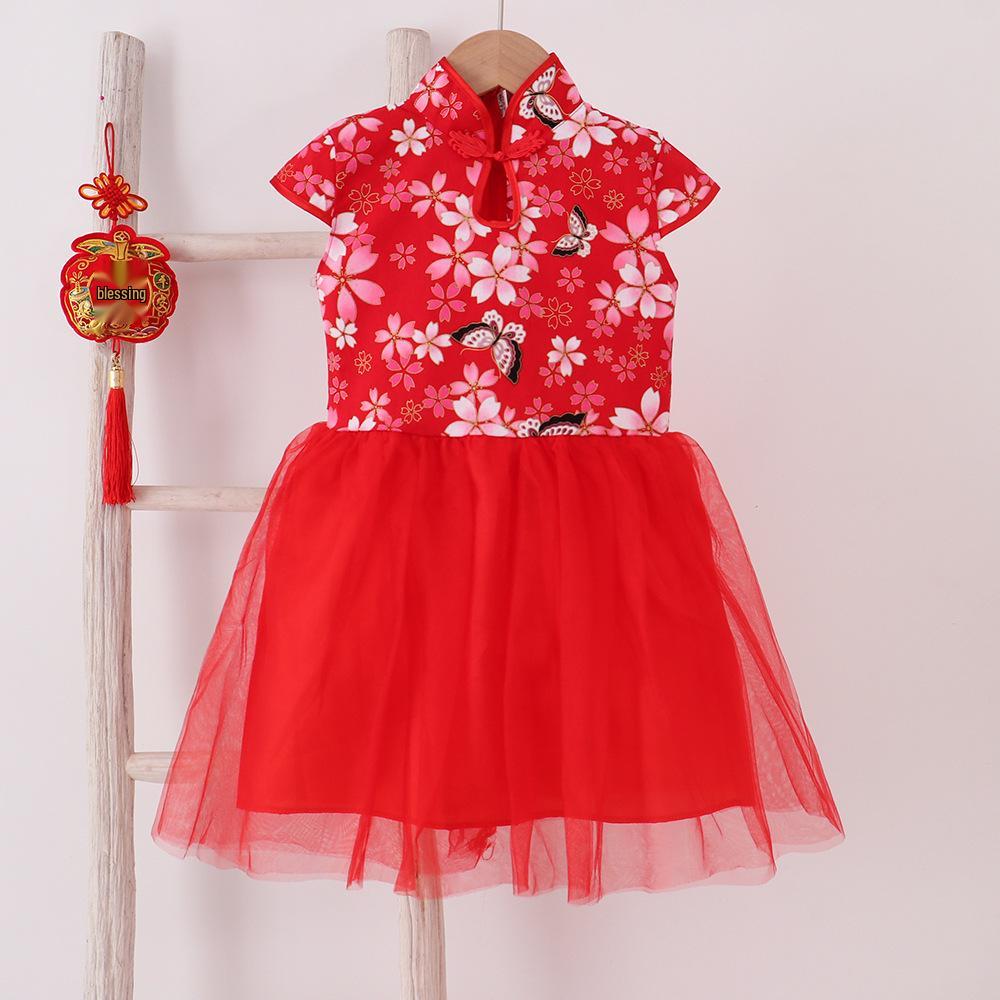Spring Autumn Loose Fit Kids' Mesh Princess Dress - Chinese Style Short Sleeve Costume