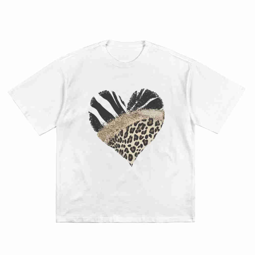Leopard Print Heart Striped Short Sleeve Tee 100% Cotton T-Shirt