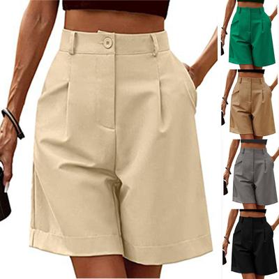 Women's Casual Loose Beach Pants Solid Color Loose High Waist Casual Fifth Pants With Pockets EMA