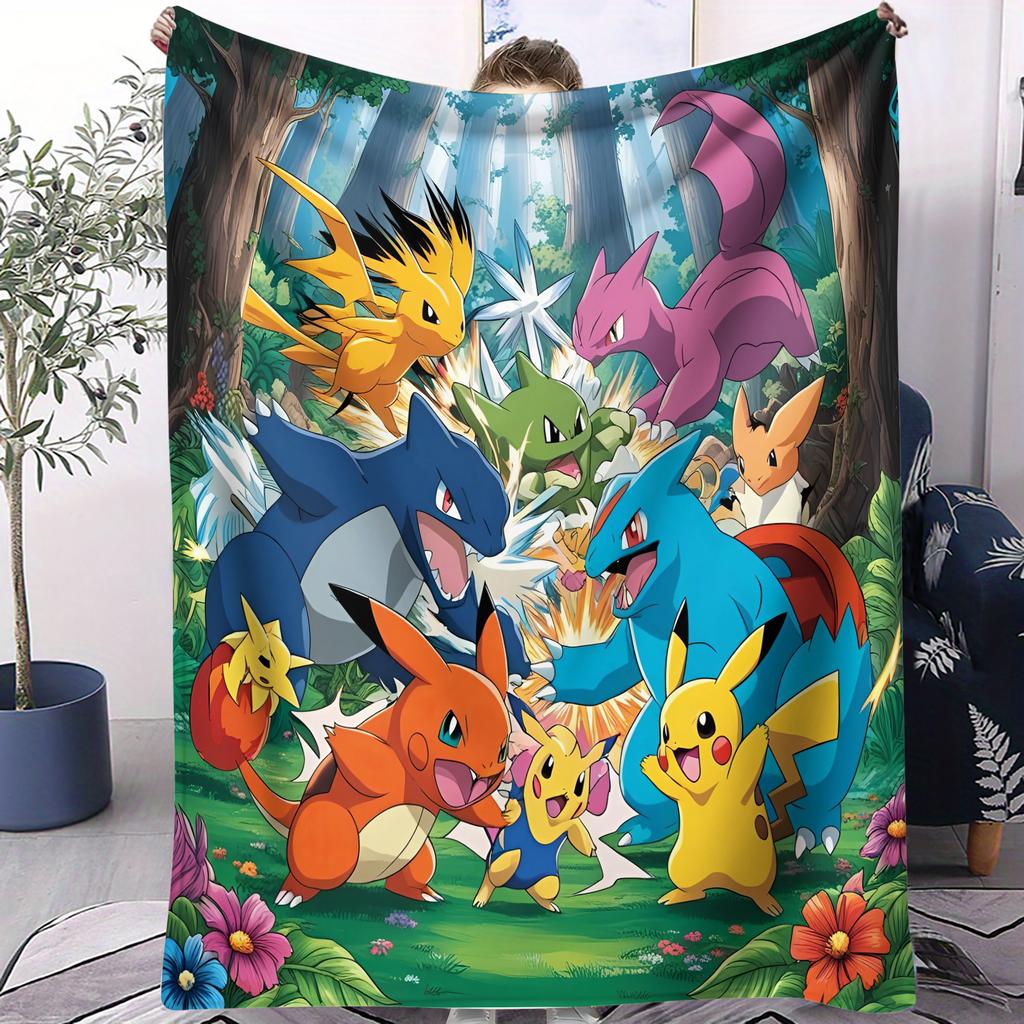 Klassische Pokemon-Entwicklungslinie Druck Fleece-Kuscheldecke für Fans Qualität Weich Warm Decke für Reise Picknick Zuhause für Mädchen Jungen