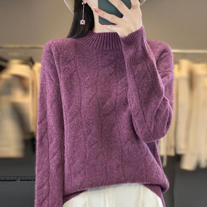 2024 Autumn/Winter Women's Half-High Neck Wool Sweater - Loose Knit Thickened Cable Base Layer
