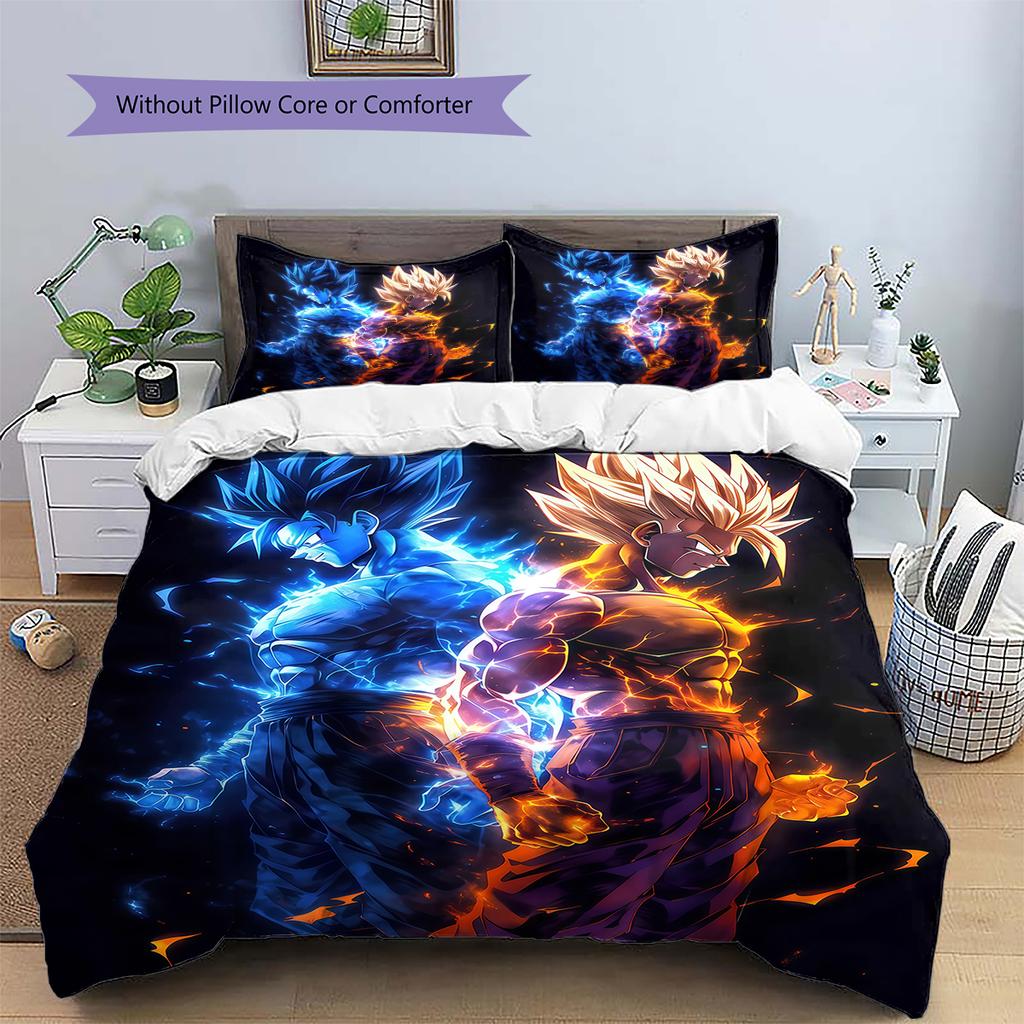 Ropa de cama con estampado de Son Goku, Juego de colcha, Funda de colcha, Funda de almohada, Regalo de cumpleaños para el hogar (1 * funda nórdica + 2 * fundas de almohada, sin núcleo)