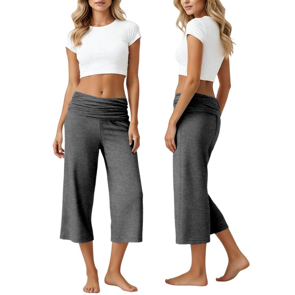 Womens Fold Over Cropped Pants Flared Bottom Fold Over Sweatpants Low Yoga Strechy Casual Wide Leg Sweatpant
