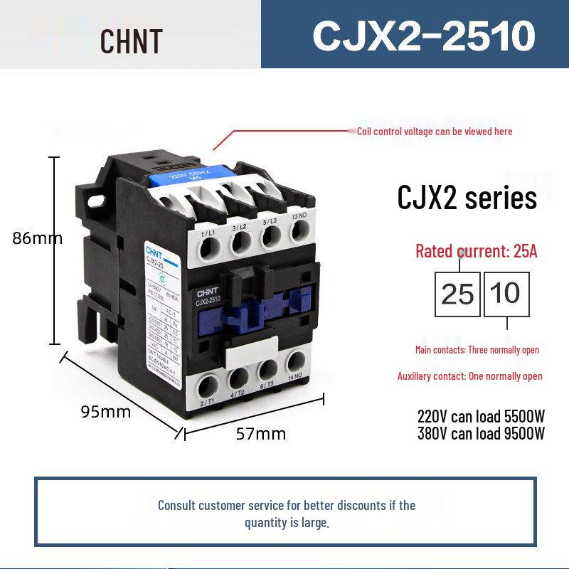 Chint Three-Phase AC Contactor CJX2 Series, 220V/380V, Models: 0910, 1210, 1810, 2510