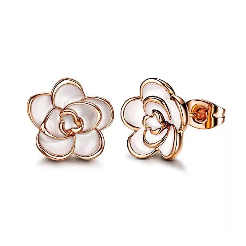 Huian Classic Camellia Flower Stud Earring Delicate Women Accessory  Daily Wearing Party  With White/Black  Jewelry