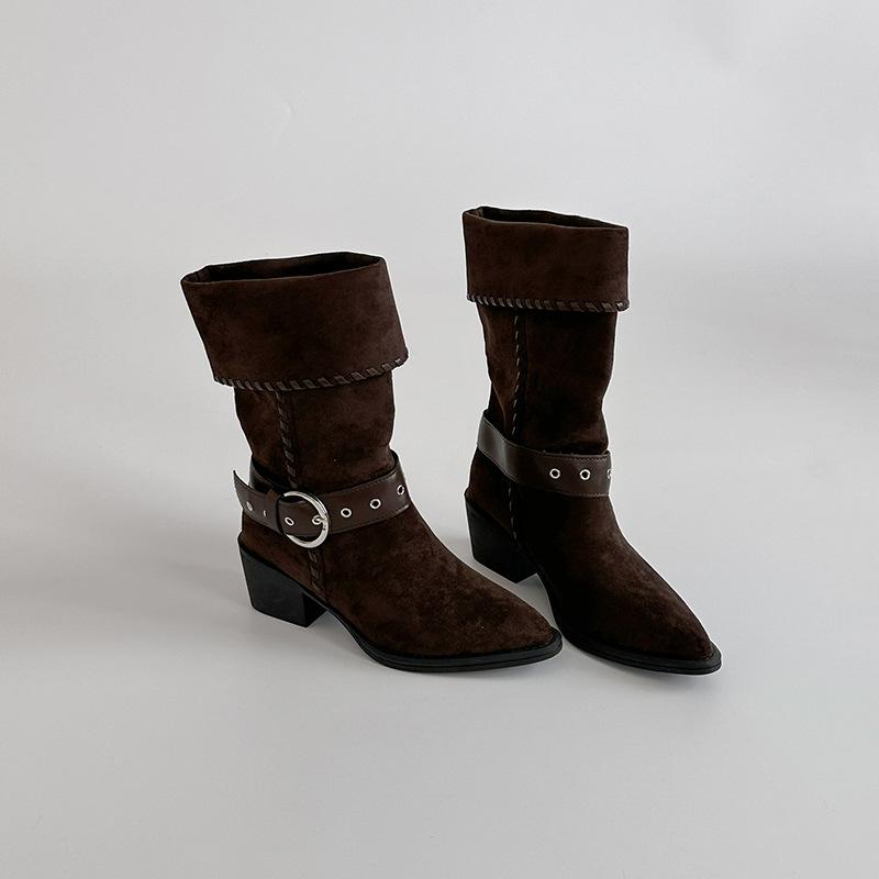 Vintage thick heel western boots autumn women's winter fashion niche design sense suede pointed Martin boots wide tube medium boots