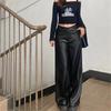 Plus Size Women's Black PU Leather High Waist Straight Leg Pants - Loose, Floor-Length, Wide/Narrow Leg Style for Spring/Autumn.