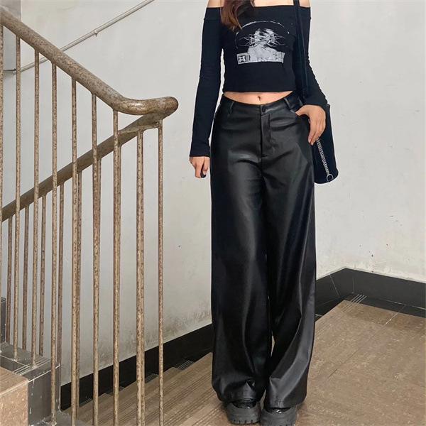 Plus Size Women's Black PU Leather High Waist Straight Leg Pants - Loose, Floor-Length, Wide/Narrow Leg Style for Spring/Autumn.