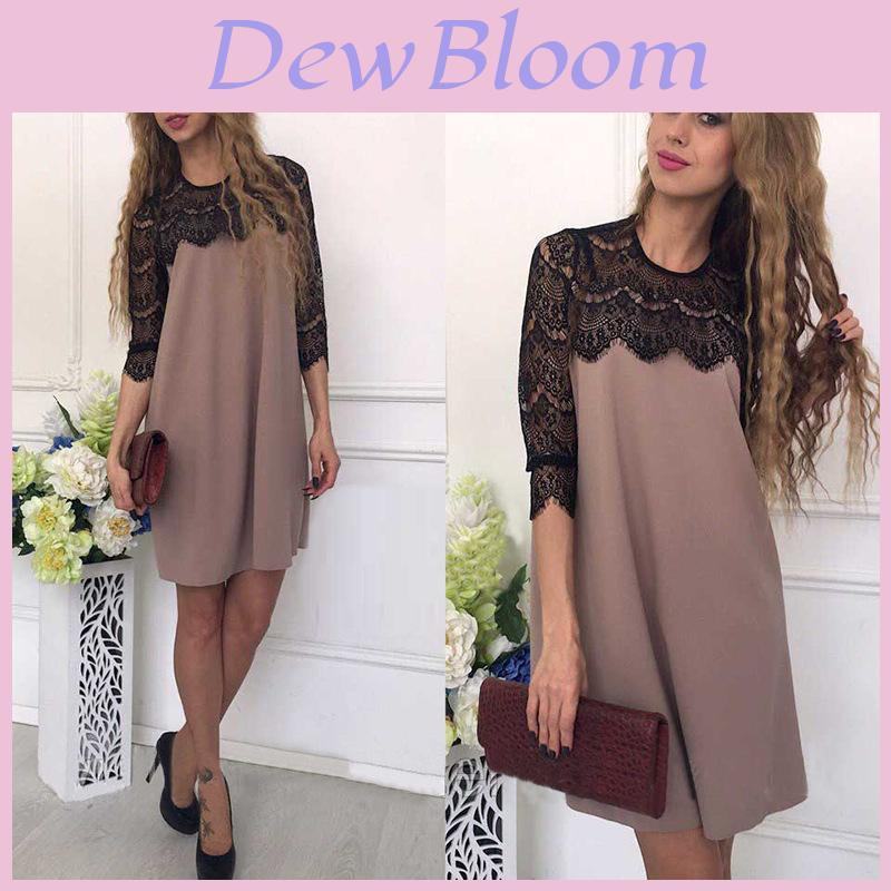 Elegant Women Pure Color Hollow Out Lace Splicing Dress For Stylish Occasions