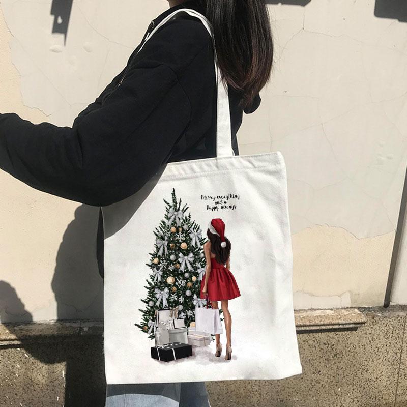 

Лучший подарок для рождественского принта Женщины Сумки Мода Холст Tote Повседневная большая емкость Харадзюку Свободная новая веселая винтажная сумка на плечо