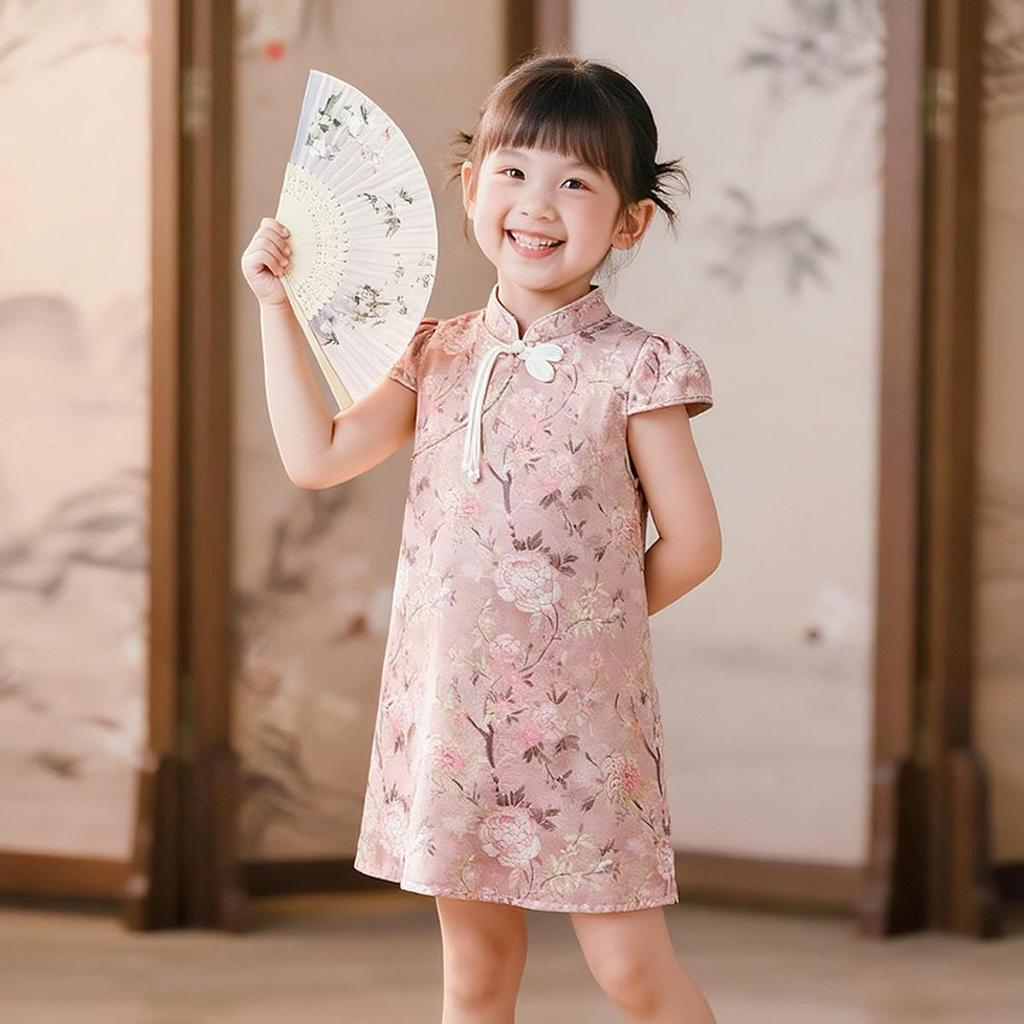 Girls' Sleeveless Tang Suit Dress: Summer Koi & Flower Design