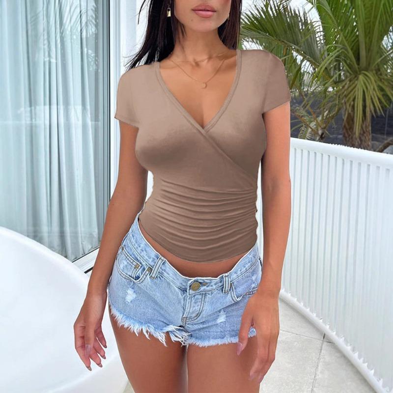 Dámské jarní sexy kořeněné volánové tričko s véčkovým výstřihem, slim-fit, crop, s krátkým rukávem