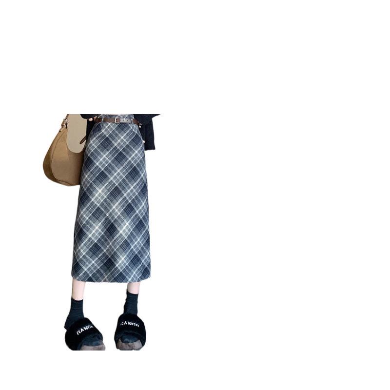 Falda Midi de Lana a Cuadros Retro: Cintura alta corte A con abertura, Adelgazante Largo medio para Otoño/Invierno 2023