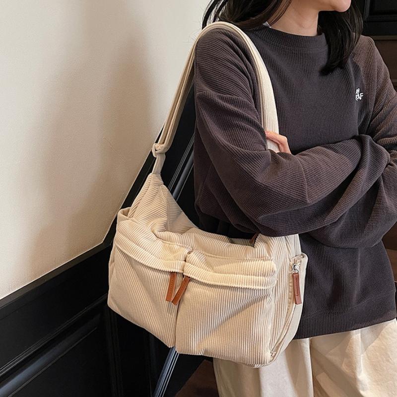 Large Capacity Corduroy Messenger Bag Women's Waterproof Casual Crossbody Bag Multi Pocket Workwear Style Single Shoulder Bag