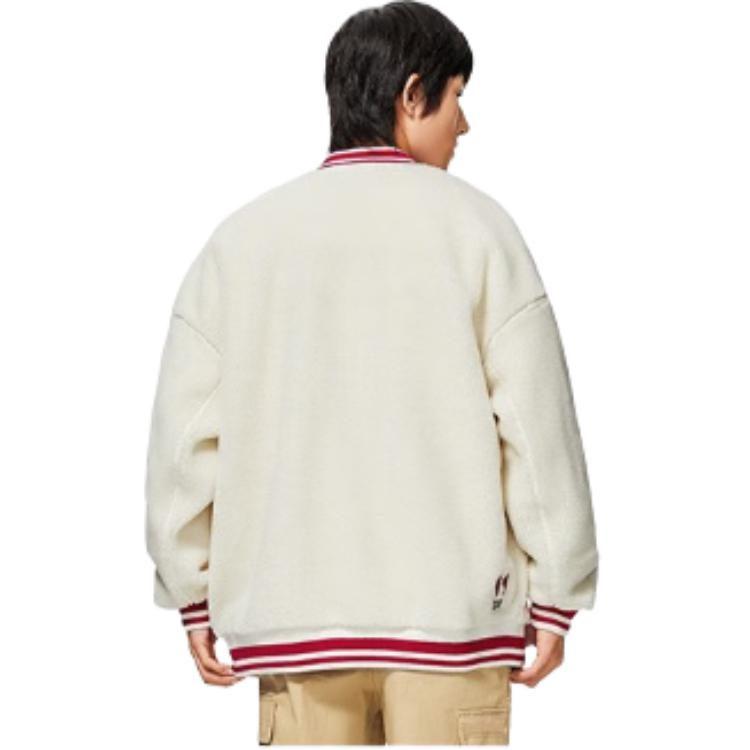 Li Ning Color Block Trim Stripes Letter Logo Sherpa Fleece Lined Jacket Unisex Ivory AFDSD31-1