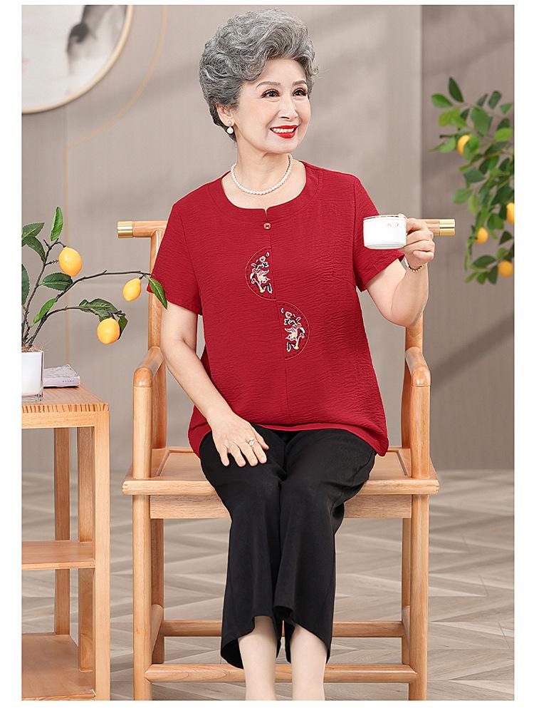 Grandma's Summer Casual Cotton & Linen Set: Short-Sleeve Embroidered T-Shirt for Elderly Women