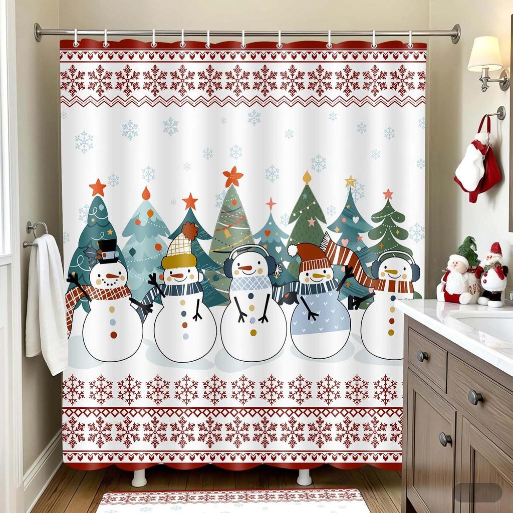 Wathon Christmas Snowman Shower Curtain Winter Snowflake Red Bathroom Set, Funny Christmas Shower Curtains For Kids,Cute Snowman