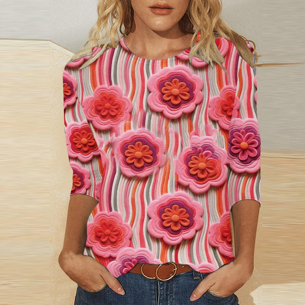 Rundhals 3D-bedrucktes romantisches Blumenmuster Top Modische lässige langärmlige Damen-T-Shirts