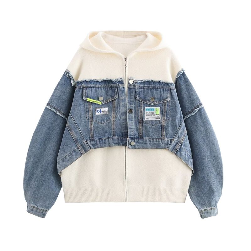 Kaslead New Arrival Women's Clothing Fashion Wind Heavy Industry Boutique Sweater Denim Stitching Thickening Outwear Cardigan