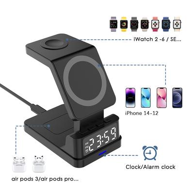 4 in 1 snelladende draadloze oplader voor iPhone 14 13 12 Pro Max Xiaomi Airpods Apple Watch 15W Magsafe-standaard met wekker