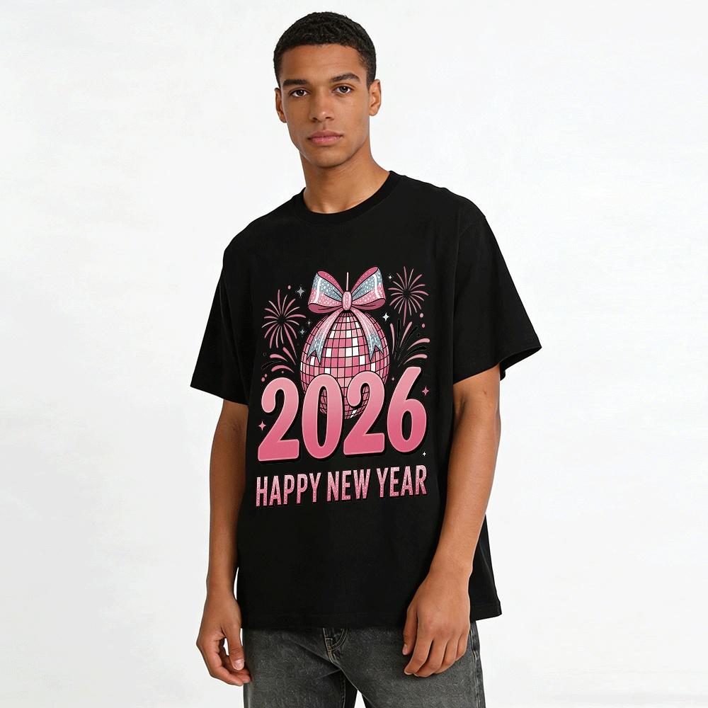 2026 Happy New Year Pink Disco Ball Print Casual Top Pure cotton T-shirt