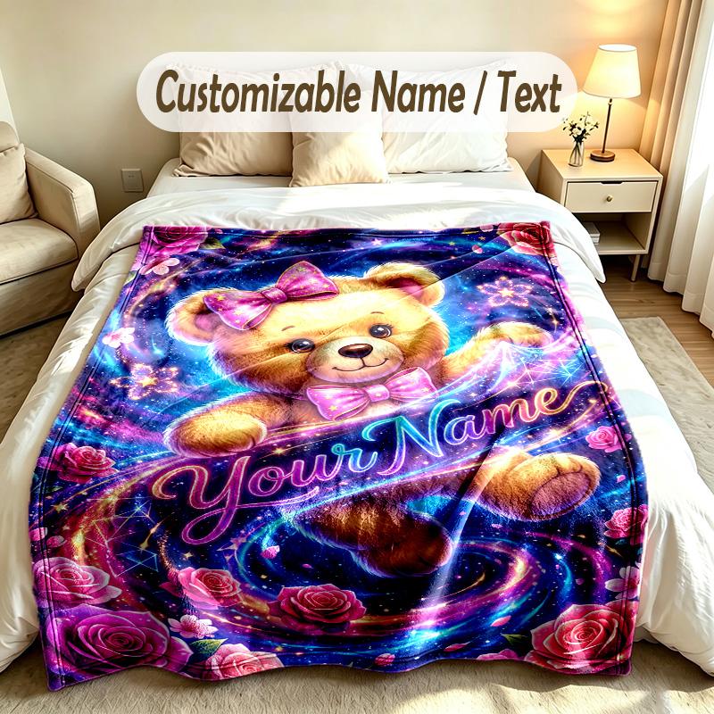 Teddy Bear Theme Custom Blanket Personalized Name & Text Customized Soft Warm Throw Blanket Home Decor