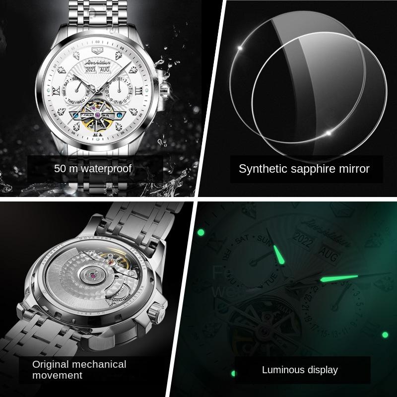 JINSHIDUN Tourbillon Automatic Mechanical Watch, Multi-functional Sports Waterproof Luminous Men's Watch