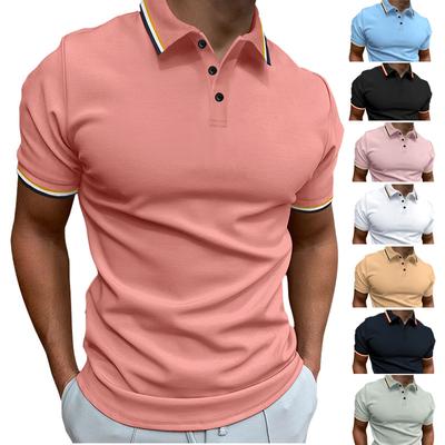 New Men's Slim POLO Shirt Ribbed Striped Lapel Buttons Solid Colour Splicing T-shirt Tops