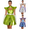 Women's Space Theme Party Dress S-3XL, Alien Astronaut Costume Metallic Shiny with Gloves, A-Line Cutout Neck for Halloween