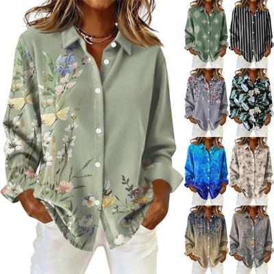 Damenhemd mit floralen Knöpfen, Langarm-Freizeit-Regular-Hemd Blusen Freizeit Übergröße Basic-Tops