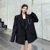 Niche Design Black Blazer for Women Spring Autumn Loose Fit Patchwork Fake Two Piece Shoulder Padded Fashion Outerwear