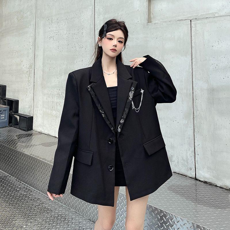 Niche Design Black Blazer for Women Spring Autumn Loose Fit Patchwork Fake Two Piece Shoulder Padded Fashion Outerwear