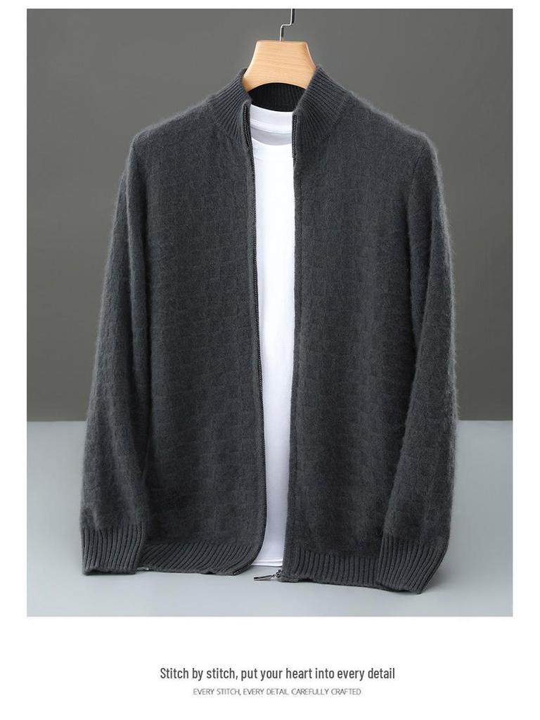 Men's Trendy Plaid Jacquard Wool Cardigan: Loose, Versatile, Long-Sleeved, Knitted, Cashmere Blend, Seven-Needle Thick.