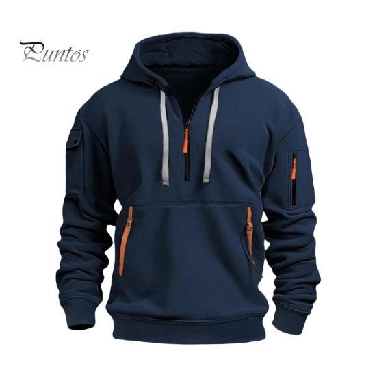 

Мужская толстовка с капюшоном на осень-зиму, однотонная, с длинными рукавами, застежкой-молнией на половину длины, карманом на рукаве, декором на ремне, с капюшоном, свободная повседневная одежда, повседневный спортивный топ M