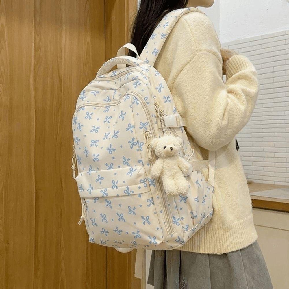 Multi-compartment Bow Pattern School Bag Multi-pocket Rucksack Floral Print Backpack Travel