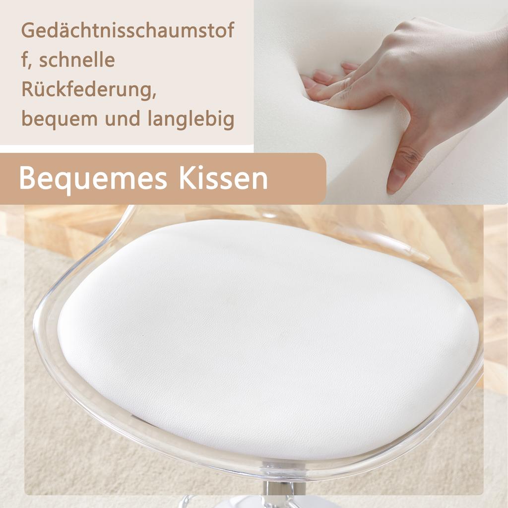 Modernes, verstellbares Barhocker-Set, 2 Stück, Rückenlehnen aus transparentem Kunststoff, Sitzfläche aus PU-Leder, Metallbeine, höhenverstellbar, 360 Grad drehbar