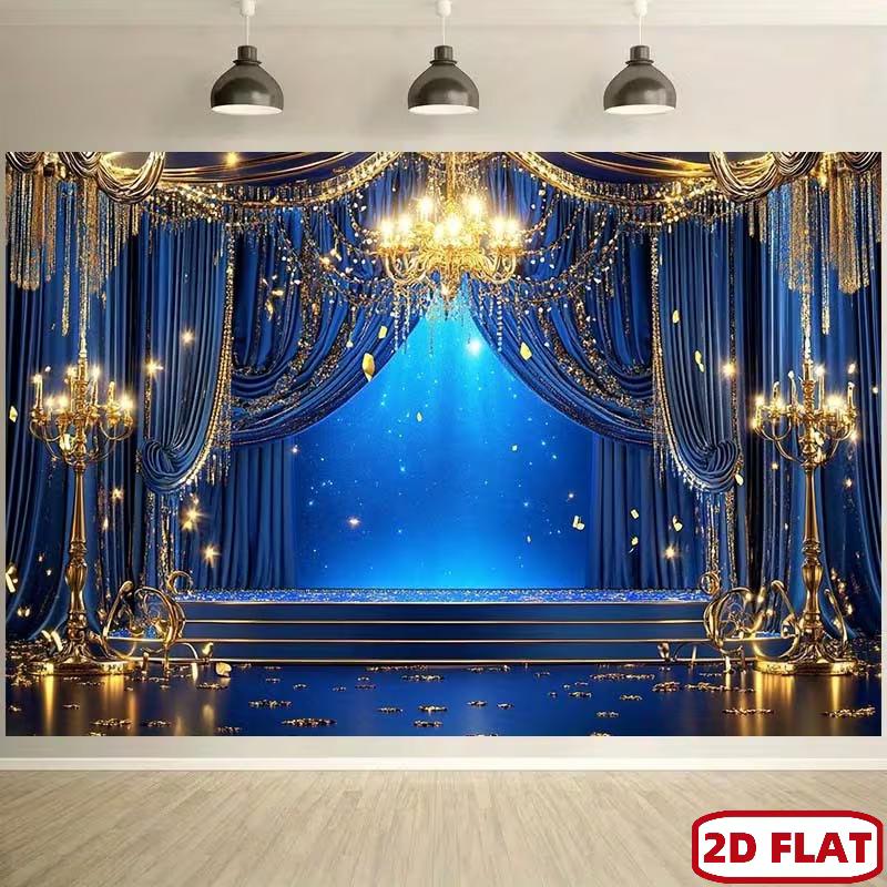 2D Blue Gold Curtain Backdrop with Chandelier for Photography