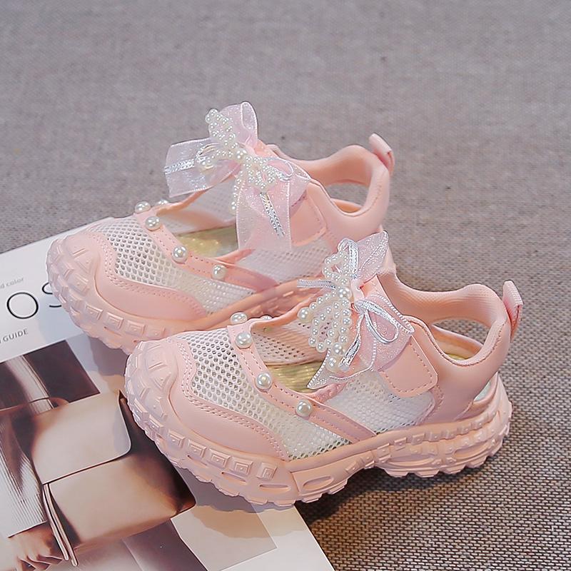 

Girls Princess Sandals Summer New Beautiful Pearl Decoration Fashion Versatile Baotou Mesh Children s Shoes 26 розовый