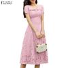 ZANZEA Women Casual V-Neck Short Sleeve Hollow Lace Patchwork Elegant Dress