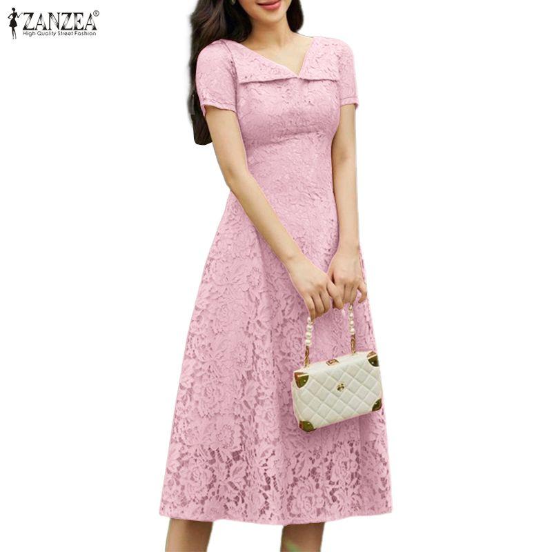 ZANZEA Women Casual V-Neck Short Sleeve Hollow Lace Patchwork Elegant Dress