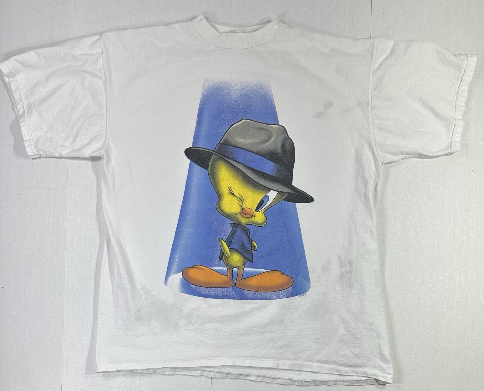 Vintage Looney Tunes Tweety Bird Fedora Graphic White Warner Bros 2001 Unisex T-Shirt XXL