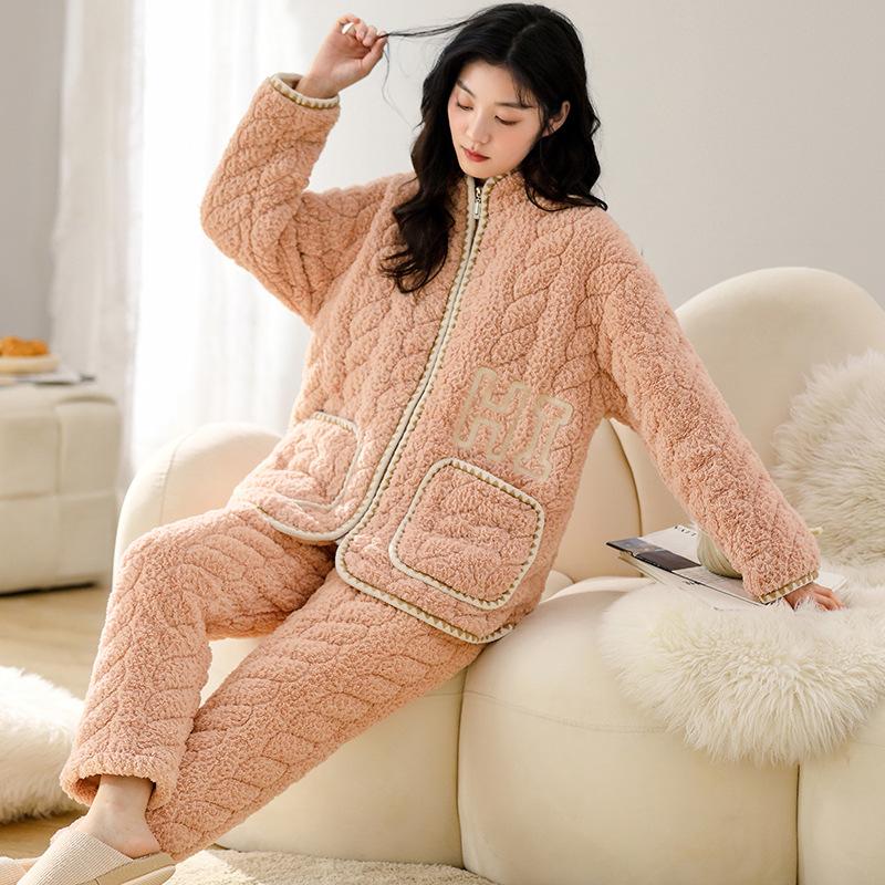 Coral Velvet Quilted Pajamas Women's Winter Three Layer Thick and Fleece Home Wear Women's Winter Flannel Thermal Set