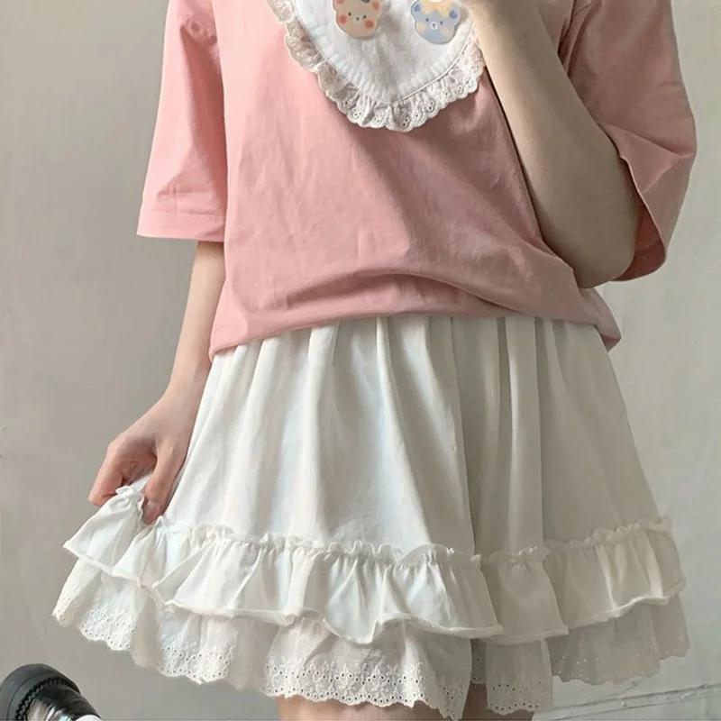 Bílá krajková minisukně pro ženy Dívčí Krátká sukně řadového střihu Kawaii Roztomilé Preppy Style Studentské oblečení s vysokým pasem