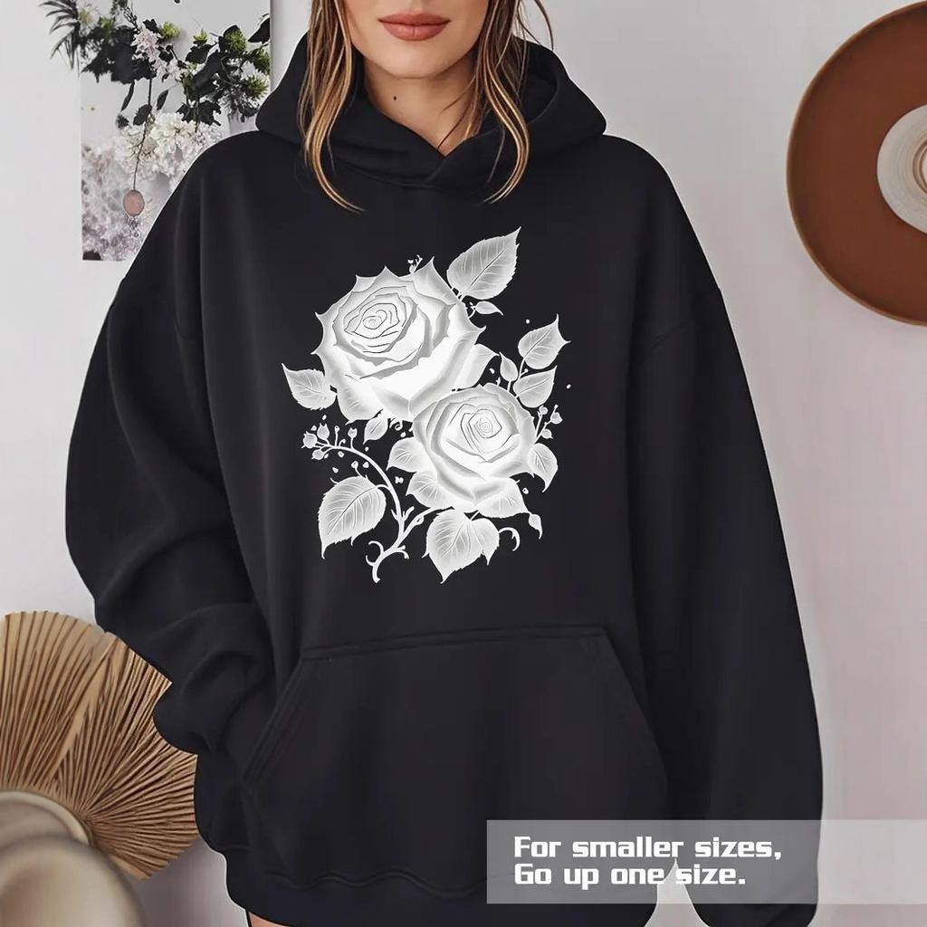 Ladies Spring Autumn Casual Hooded Long Sleeve Big Pocket Rose Flower Printed Pullover Hoodies Sweatshirt Top