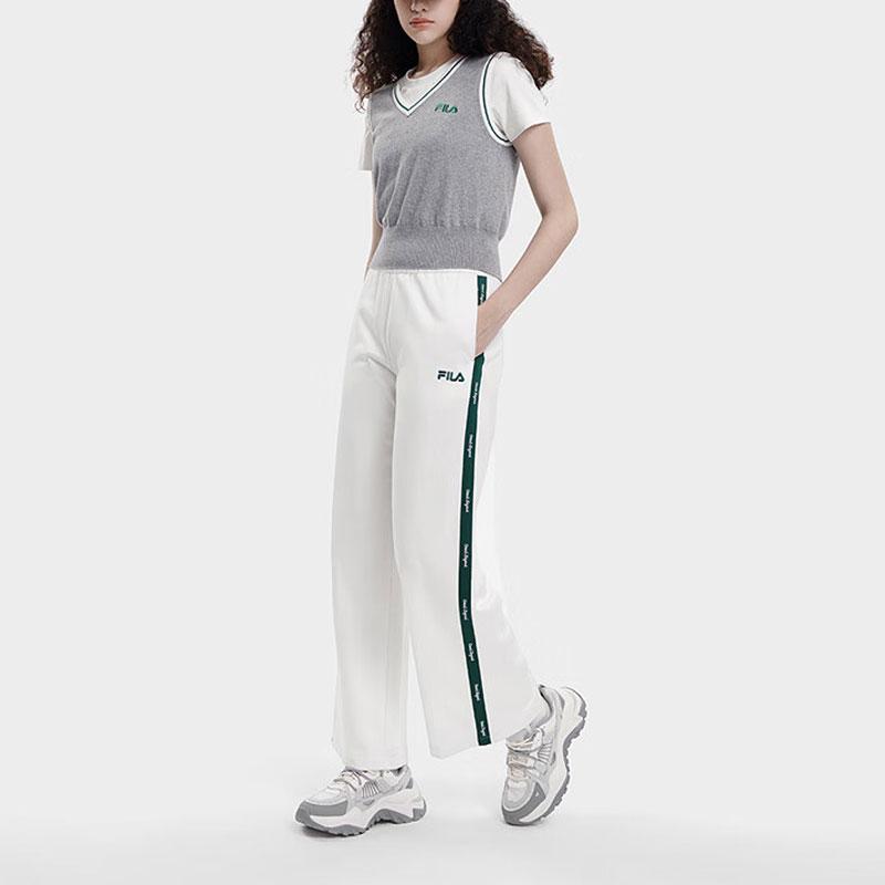 FILA Color Block Loose Wide Leg Knitted Retro Sports Long Pants Women bottoms Cloud-Mushroom-White F51W429605A-WT