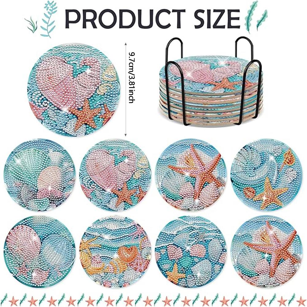 8 Pieces/set of Diamond Painted Ocean Patterned Coasters, DIY Coasters with Holder, Suitable for Beginners and Adults, Art and Craft Supplies Gifts