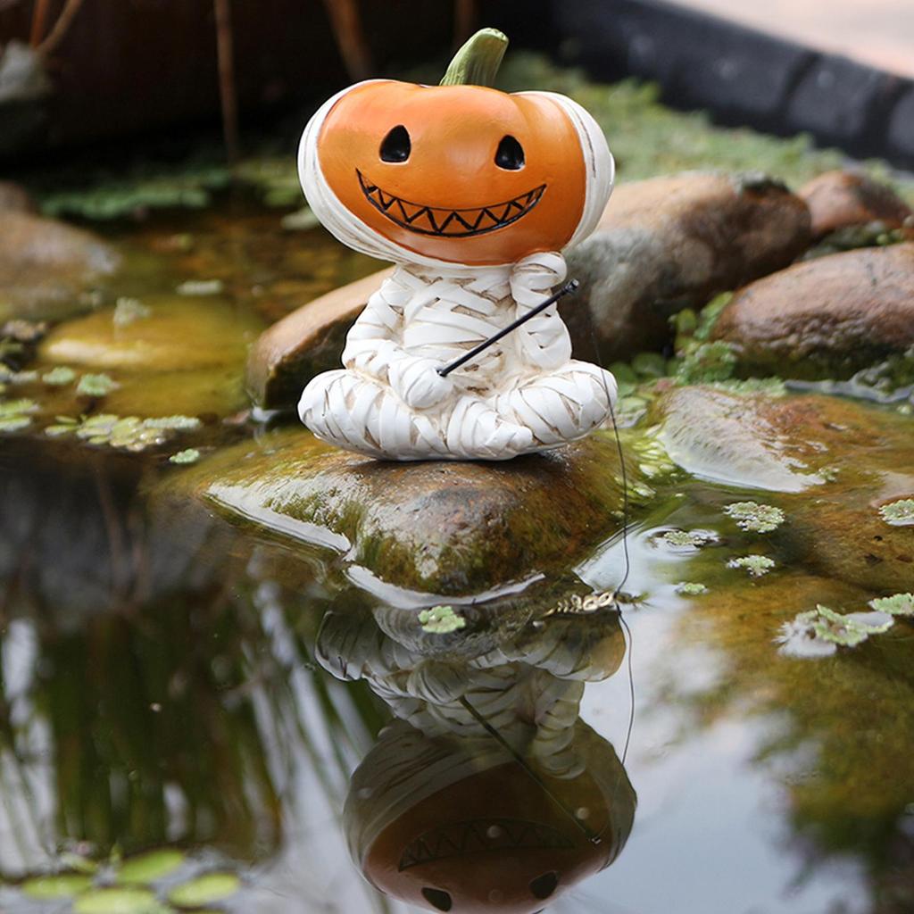 Halloween Figurines Mummy Pumpkin Fisherman Figurine Pumpkin Head Man Fishing Ornaments Spooky Gothic Statue Home Desktop Decor