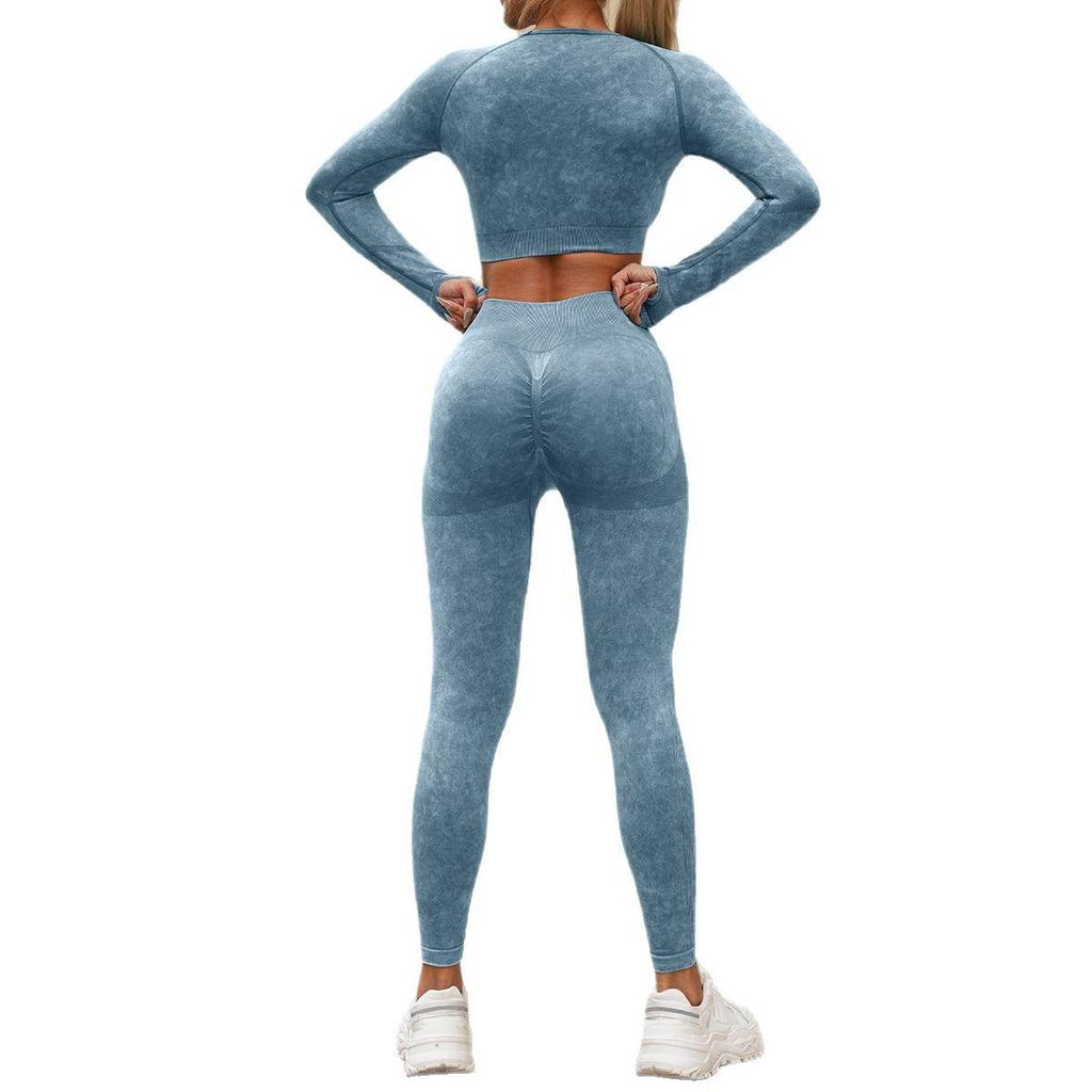 Women's European & American Washed Yoga Set: Long Sleeve Top and Slim Fit Pants, Two-Piece Fitness Outfit.