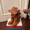 Women's Wide Width Hong Kong Style Boots, Buckle Detail Knee High Leather Boots, Chunky Heel Wholesale Booties for Women