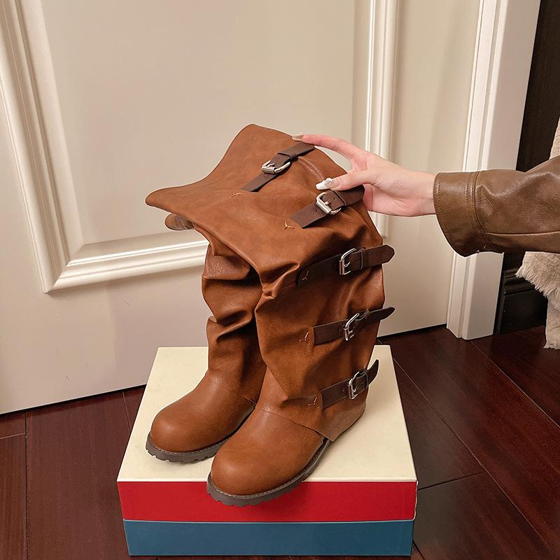 Women's Wide Width Hong Kong Style Boots, Buckle Detail Knee High Leather Boots, Chunky Heel Wholesale Booties for Women